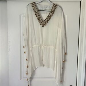 Elegant White and Brown Embellished Women's Top/ Cover up